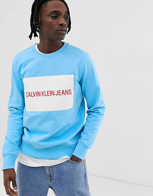 Calvin Klein large box logo slim fit neck sweatshirt in light blue |