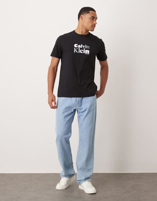 Calvin Klein Jeans large logo font t-shirt in black and white, 2 of 5