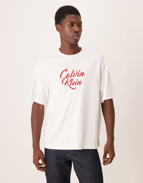 Calvin Klein Jeans large script graphic t-shirt in white and red - view 1