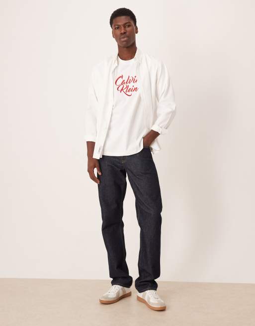Calvin Klein Jeans large script graphic t-shirt in white and red, 2 of 5