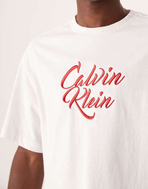 Calvin Klein Jeans large script graphic t-shirt in white and red, 5 of 5