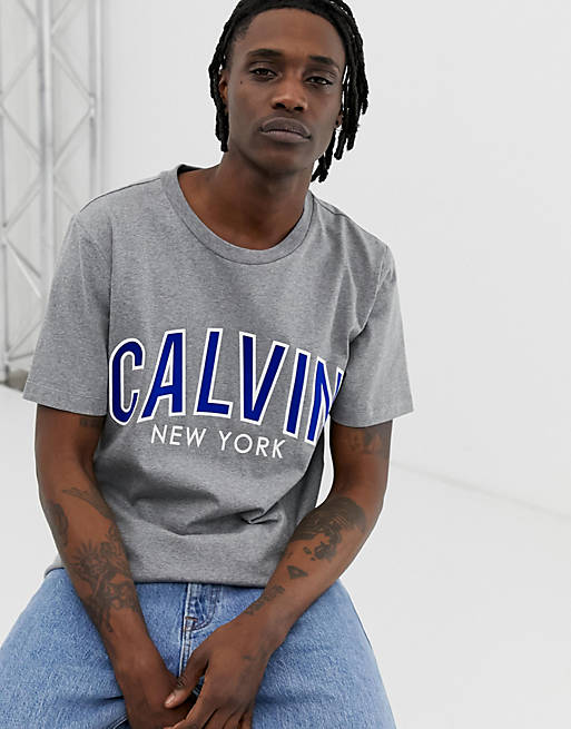 Calvin Klein Jeans large varsity logo t-shirt in grey marl | ASOS