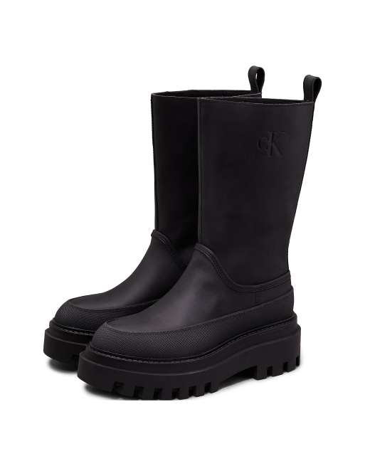 Calvin Klein Jeans Leather Platform Rainboots in Triple Black ASOS