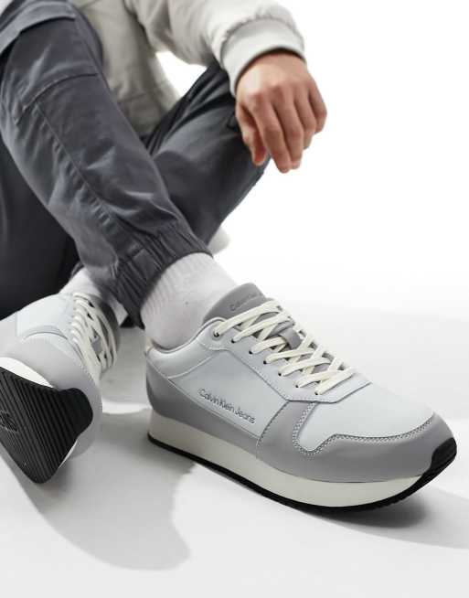 Calvin Klein Jeans leather runner trainers in grey ASOS