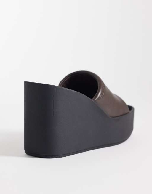 Calvin Klein Jeans leather wedge mule sandals in brown , 3 of 4