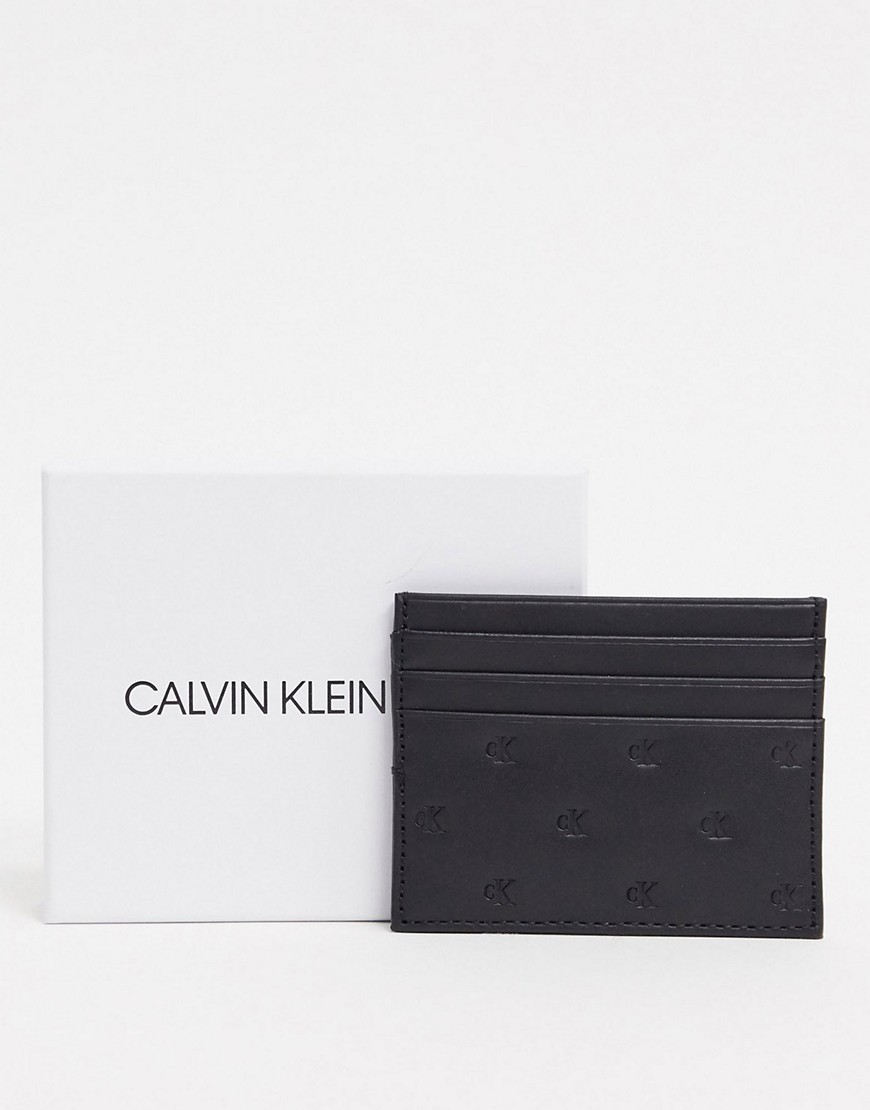 Calvin Klein Jeans - Leren gevouwen kaarthouder met monochram met reliëf in zwart