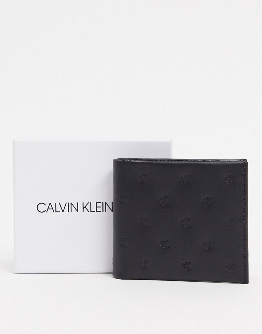 Calvin Klein Jeans - Leren gevouwen portemonnee met monogram met reliëf in zwart