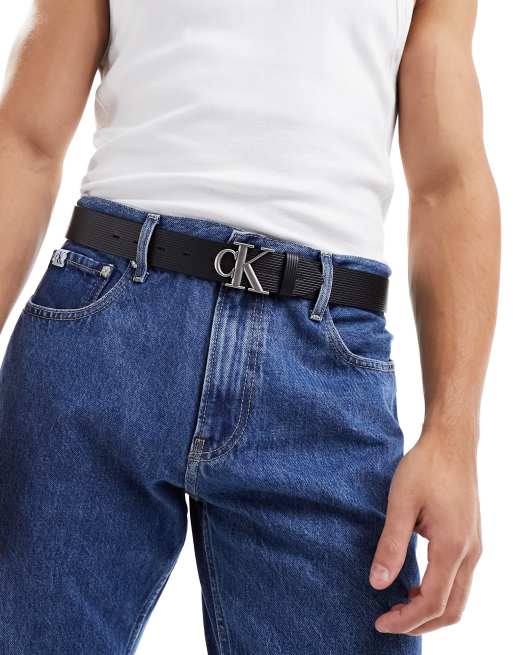 Calvin Klein Jeans - Leren riem van 35mm met rond monogram in zwart