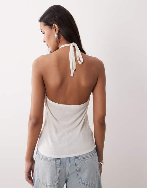 Calvin Klein Jeans linen blend backless halter top in cream, 2 of 4