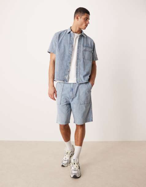 Calvin Klein Jeans linen mix denim shirt and shorts set in light wash blue - view 1