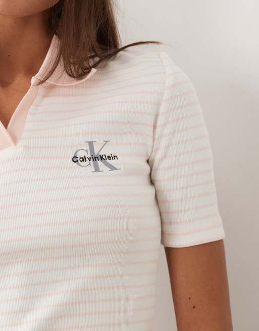 Calvin Klein Jeans – Ljusrosa, randig och ribbad pikétröja, 2 av 4