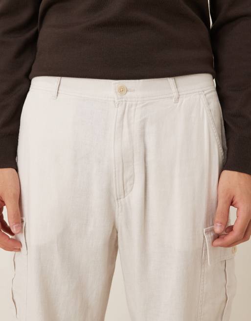 Calvin Klein Jeans – Lockere, gerade geschnittene Cargohose aus Leinenmix in Wollweiß, 4 von 5