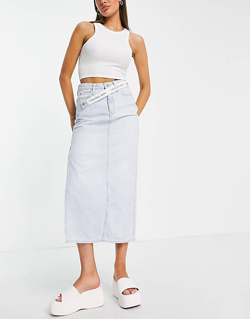 Calvin Klein Jeans logo belt denim maxi skirt in light wash blue | ASOS