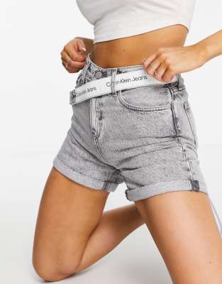 Calvin Klein Jeans logo belt denim mom shorts in light grey - Asos UK |  StyleSearch