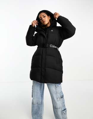 Calvin Klein Jeans logo belt long puffer jacket in black