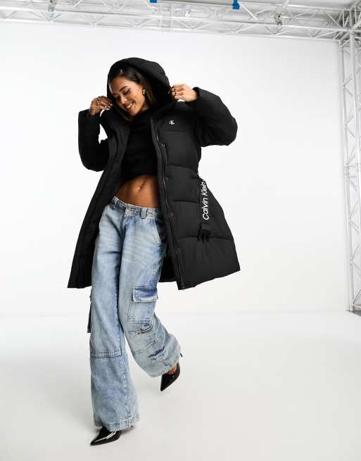 Calvin Klein Jeans logo belt long puffer jacket in black