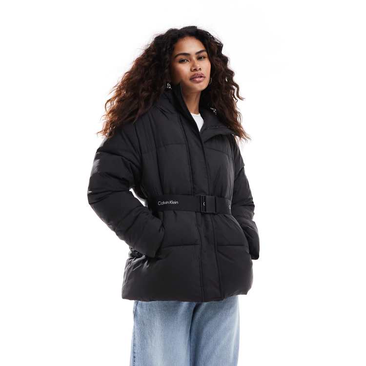 Calvin Klein Jeans logo belt puffer jacket in black ASOS