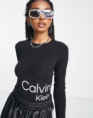 Calvin Klein Jeans logo bodysuit in black | ASOS