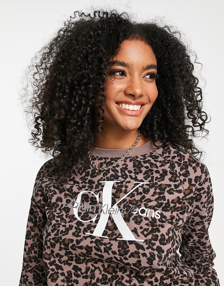 Calvin Klein Jeans logo crew neck sweatshirt in leopard print-Brown
