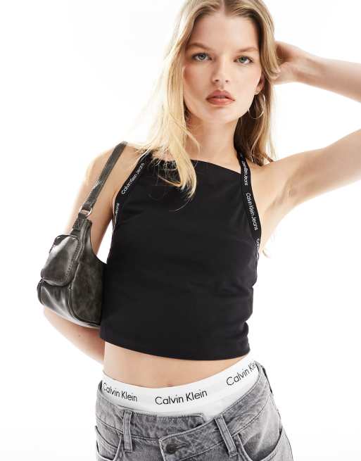 Calvin Klein Jeans logo elastic strappy top in black