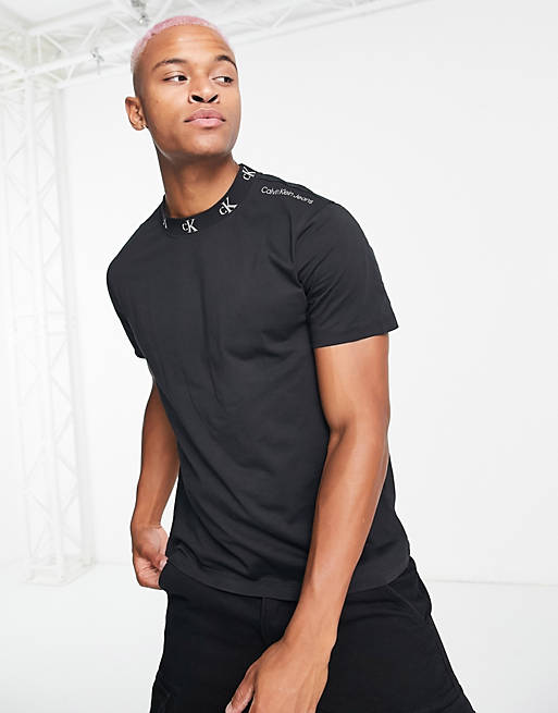 Calvin Klein Jeans logo jacquard neck t-shirt in black | ASOS