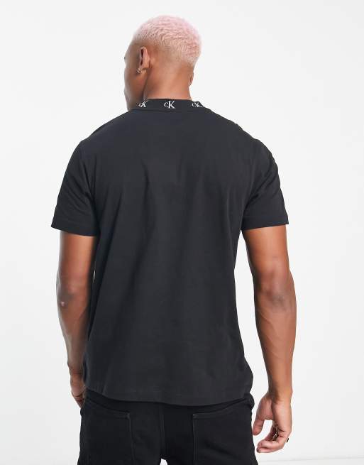 Calvin Klein Jeans logo jacquard neck t-shirt in black, 2 of 4