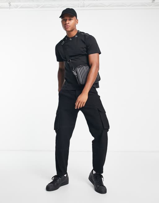 Calvin Klein Jeans logo jacquard neck t-shirt in black, 4 of 4