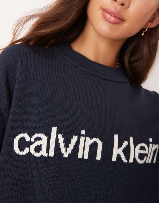 Calvin Klein Jeans logo knit jumper in dark navy, 2 of 4
