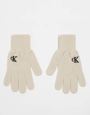 Calvin Klein Jeans logo knitted gloves in cream-White