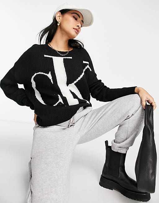 Calvin Klein Jeans logo knitted sweater in black | ASOS