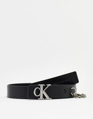 Calvin Klein Jeans logo leather belt with chain in black