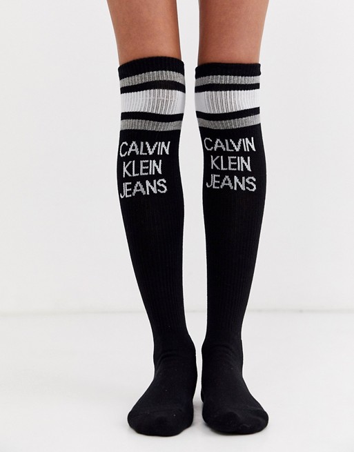Calvin Klein jeans logo over the knee sock in black