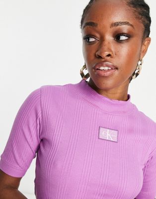 Calvin Klein Jeans logo ribbed t-shirt in purple - ASOS Price Checker