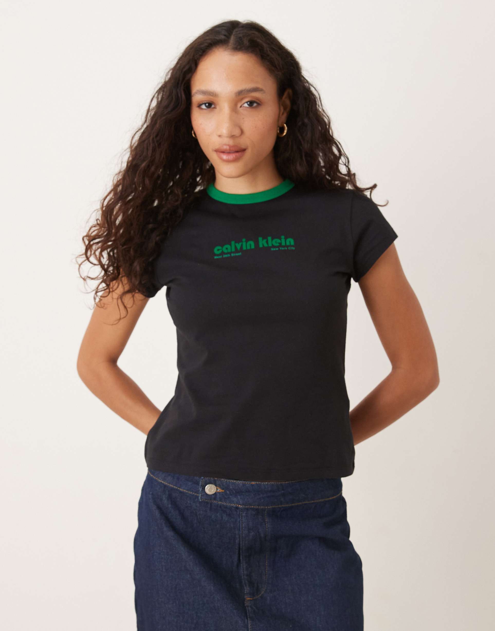 calvin klein jeans logo ringer t-shirt in black and green