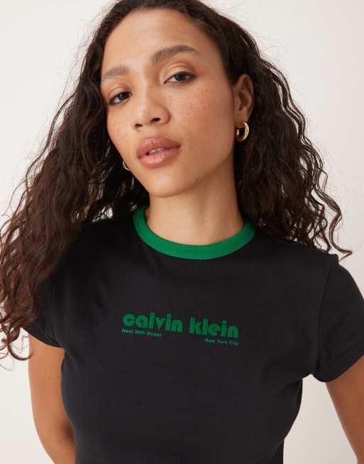Calvin Klein Jeans logo ringer t-shirt in black and green, 2 of 4