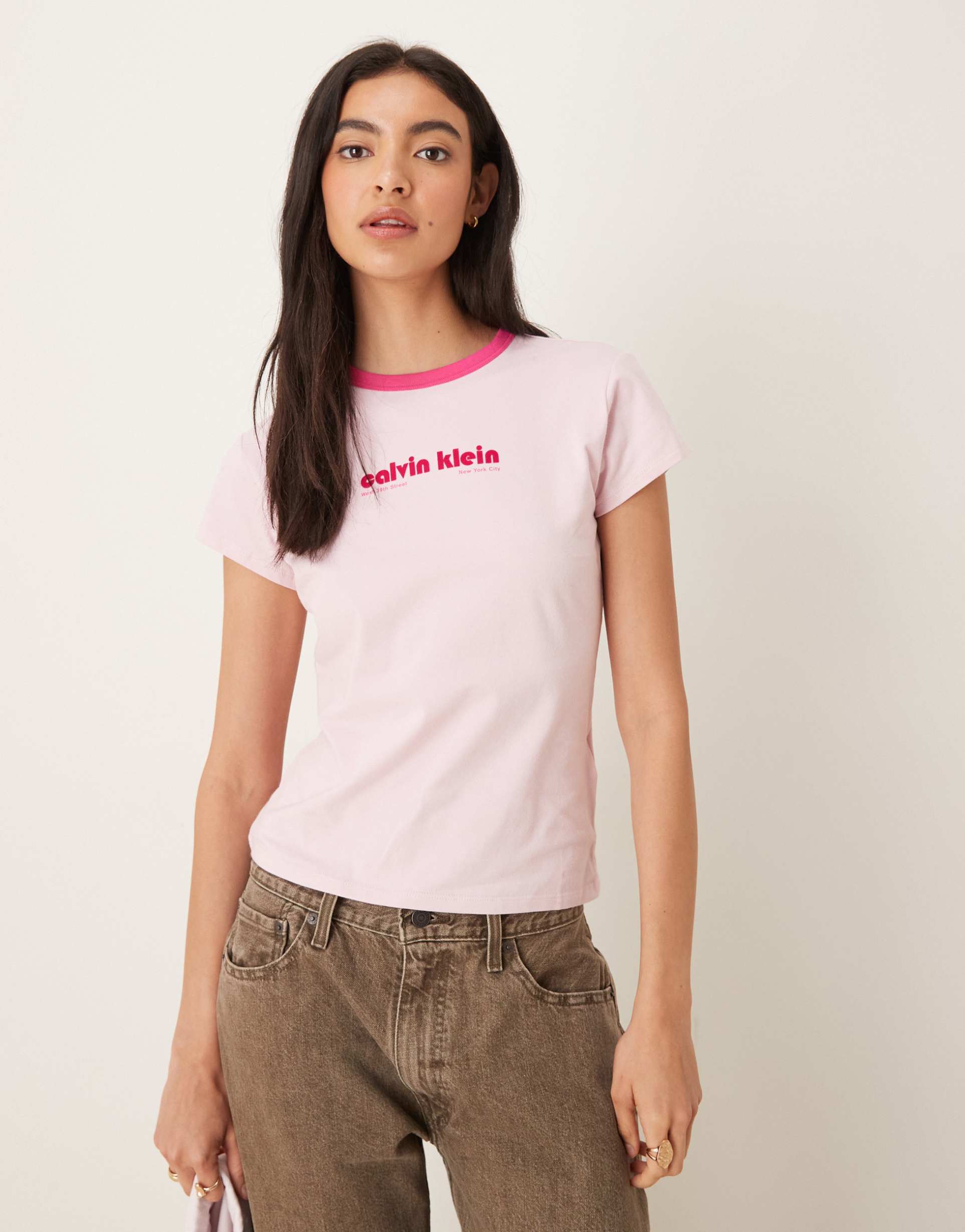 calvin klein jeans logo ringer t-shirt in pink