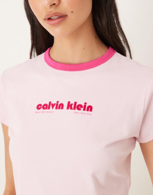 Calvin Klein Jeans logo ringer t-shirt in pink, 3 of 4