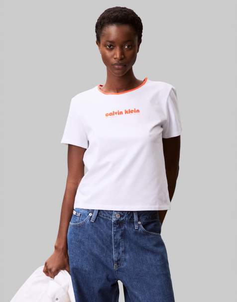 Calvin Klein Jeans logo ringer t-shirt in white and orange - view 1