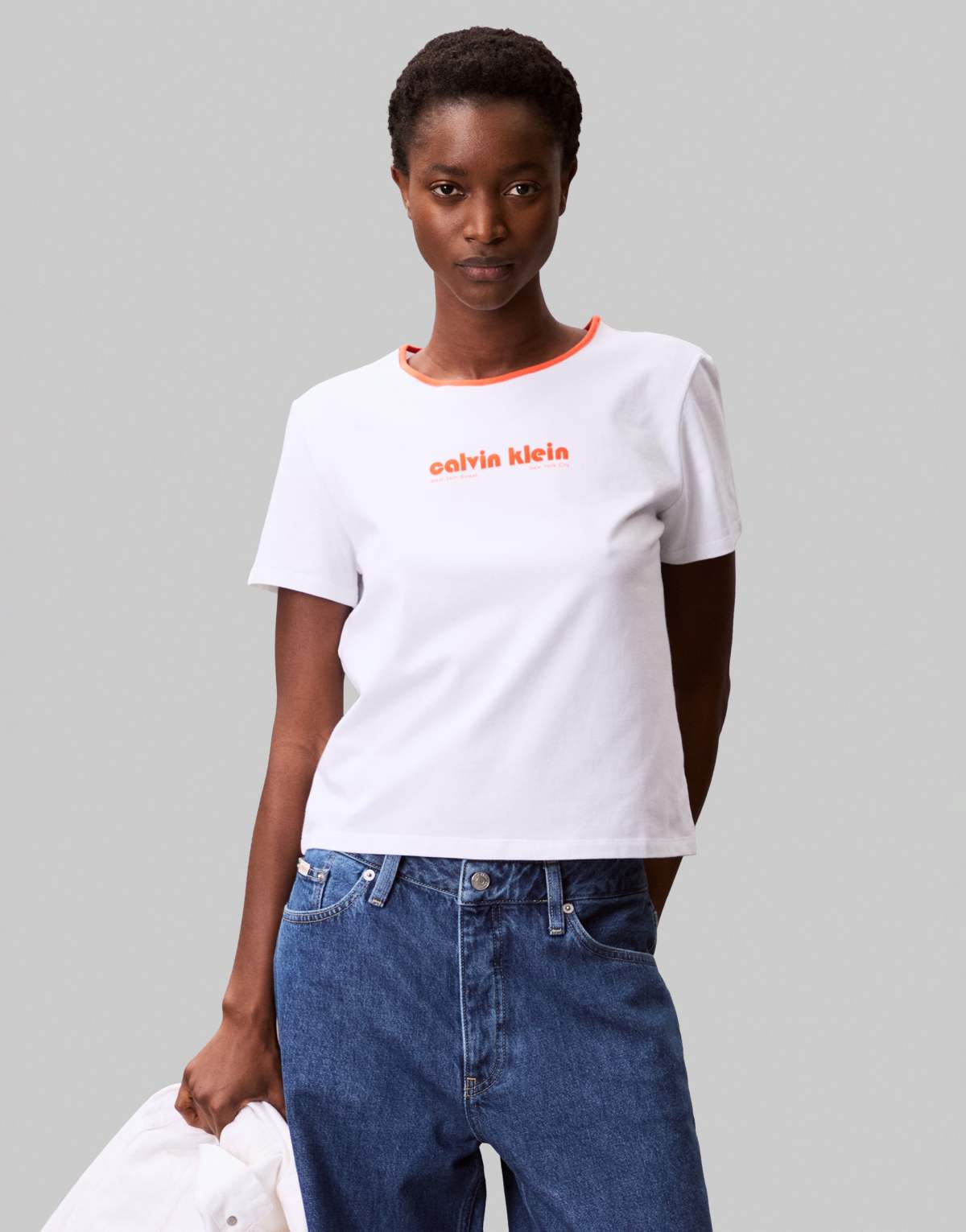 Calvin Klein Jeans logo ringer t-shirt in white and orange