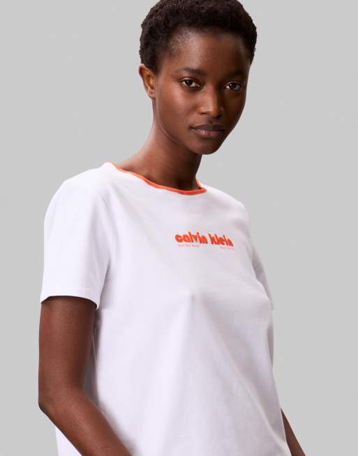 Calvin Klein Jeans logo ringer t-shirt in white and orange, 2 of 4