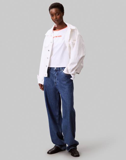 Calvin Klein Jeans logo ringer t-shirt in white and orange, 4 of 4