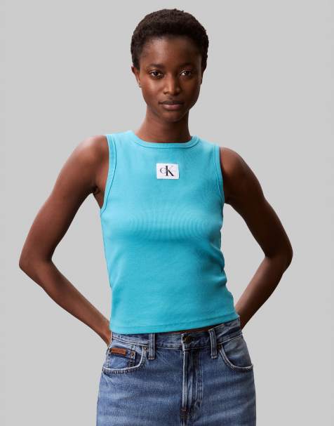 Calvin Klein Jeans logo singlet top in bright blue - view 1