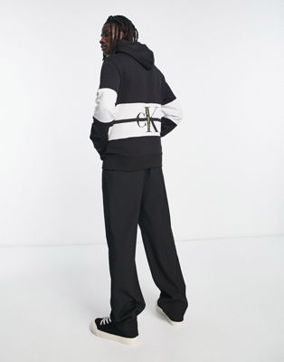 Calvin Klein Jeans logo stripe sleeve colourblock hoodie in black