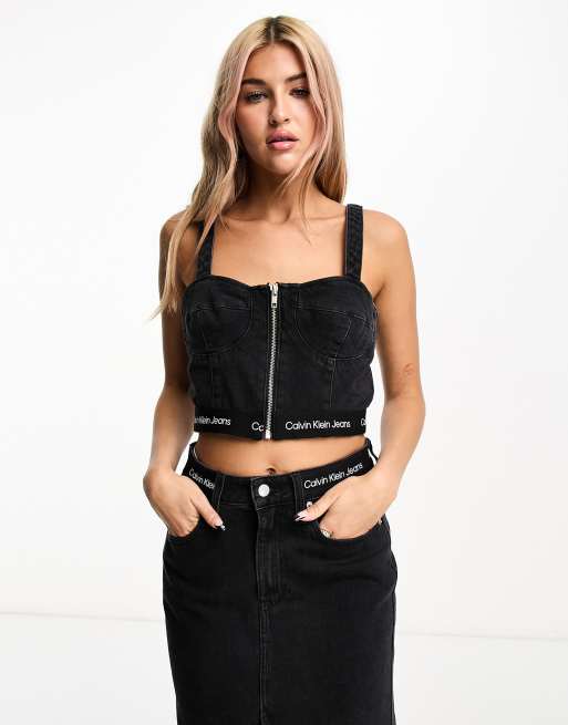 Calvin Klein Jeans logo tape bustier top in black - exclusive to ASOS