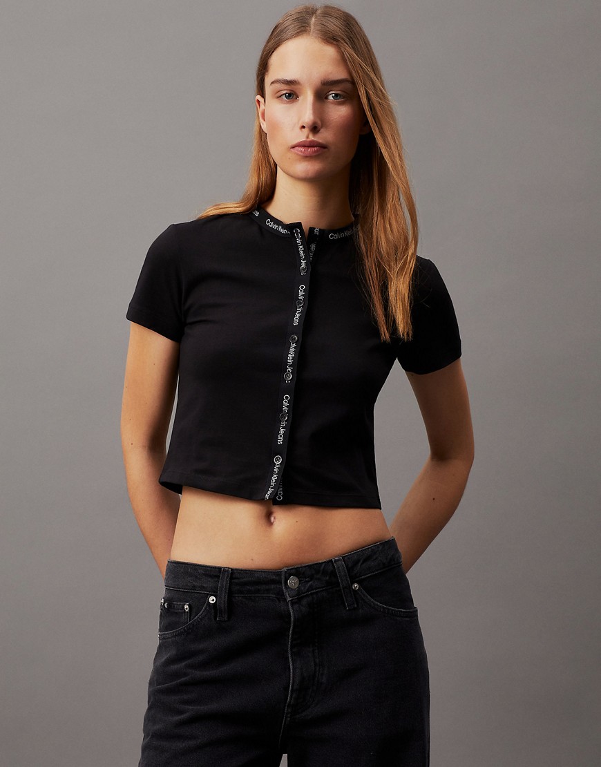 Calvin Klein Jeans Logo Tape Short Sleeve Top in Ck Black