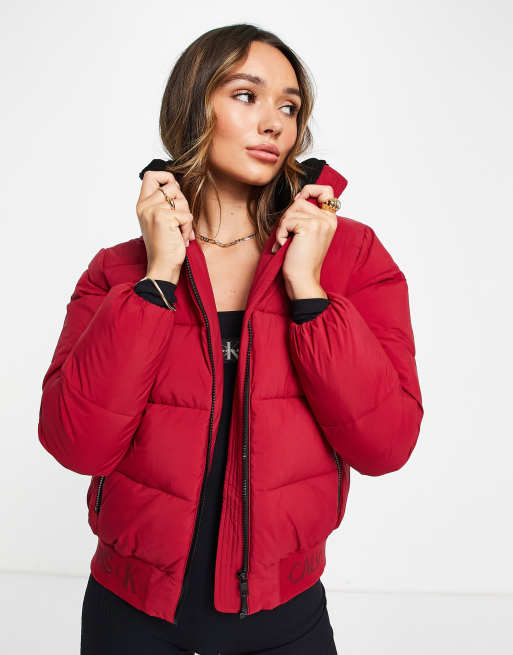 Calvin Klein Jeans logo trim puffer jacket in red ASOS