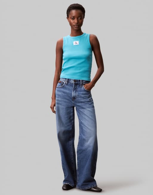Calvin Klein Jeans logo vest top in bright blue, 3 of 4