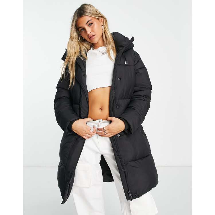 Calvin Klein Jeans long hooded puffer jacket in black