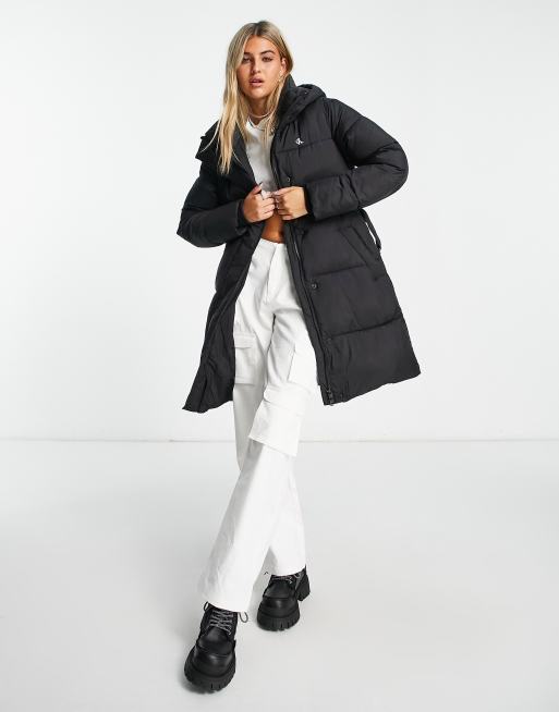 Calvin Klein Jeans long hooded puffer jacket in black | ASOS