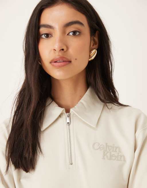 Calvin Klein Jeans long sleeve 1/4 zip logo polo top in ecru, 2 of 4